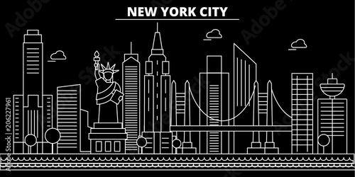 New York City silhouette skyline. USA - New York City vector city, american linear architecture, buildings. New York City line travel illustration, landmarks. USA flat icons, american outline design