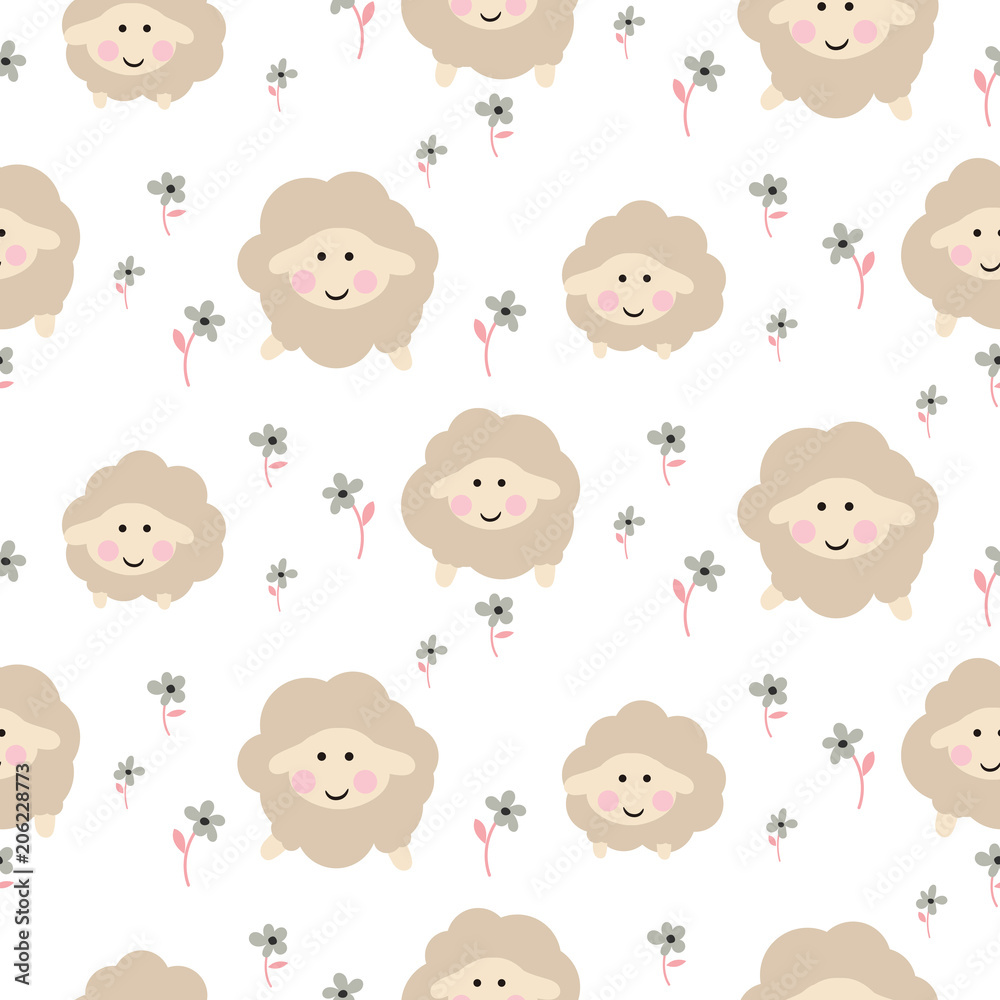 Cute sheep animal seamless vector baby pattern.