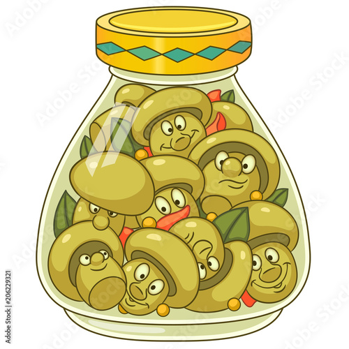 Pickles jar. Pickled champignon mushrooms. Happy canned food concept. 