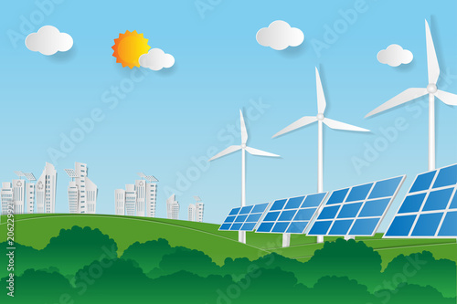 clean electric energy from renewable sources sun and wind.