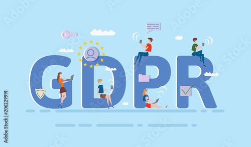 People using mobile gadgets and internet devices among big GDPR letters. General Data Protection Regulation. Concept vector illustration. Flat style. Horizontal.