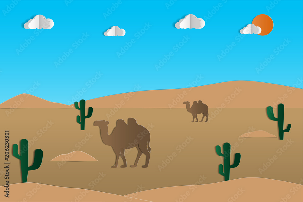 Camels, caravan in the desert in paper art style.