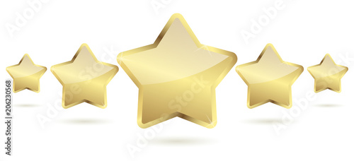 five golden stars with shadow in a row