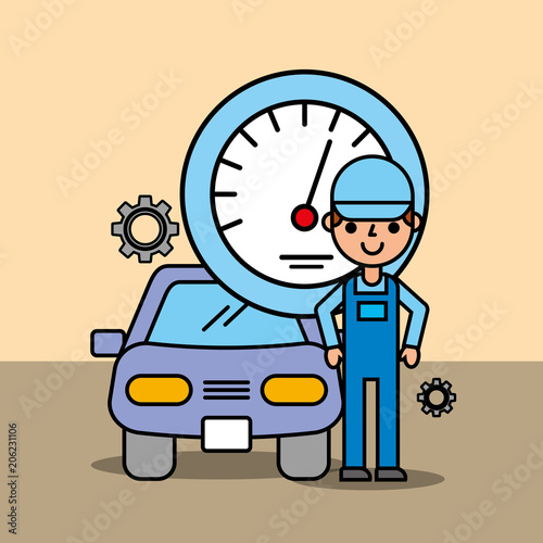 mechanic worker speedometer car service vector illustration