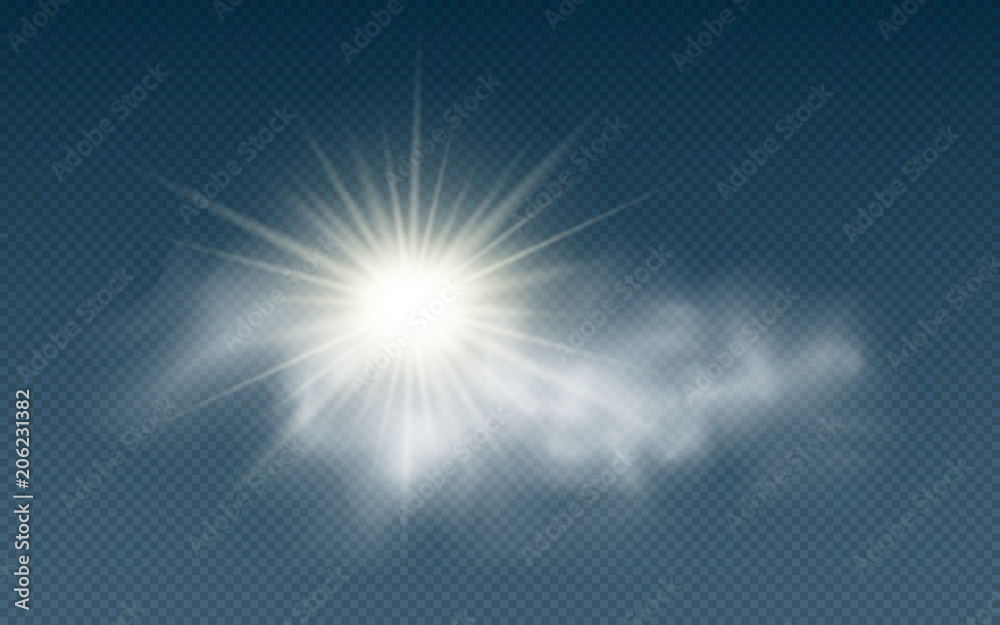 Realistic sun with clouds isolated on a transparent background. Sunlight. Sun rays. Transparent clouds. Vector illustration