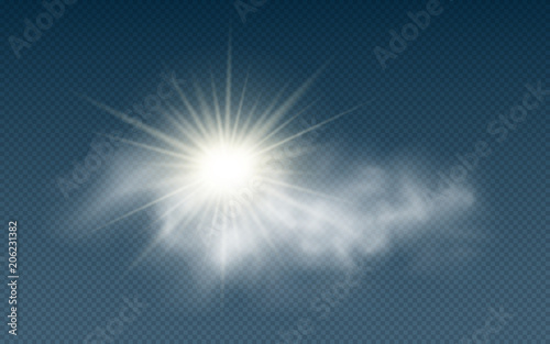 Realistic sun with clouds isolated on a transparent background. Sunlight. Sun rays. Transparent clouds. Vector illustration