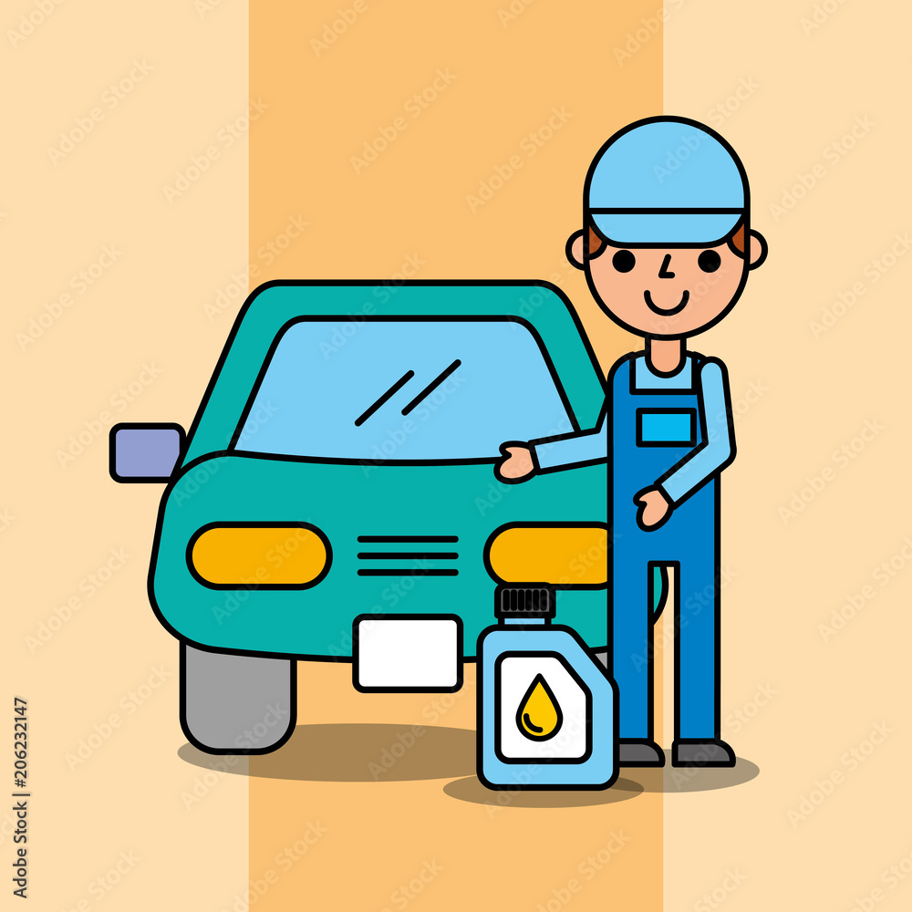 worker mechanic and oil canister car service vector illustration