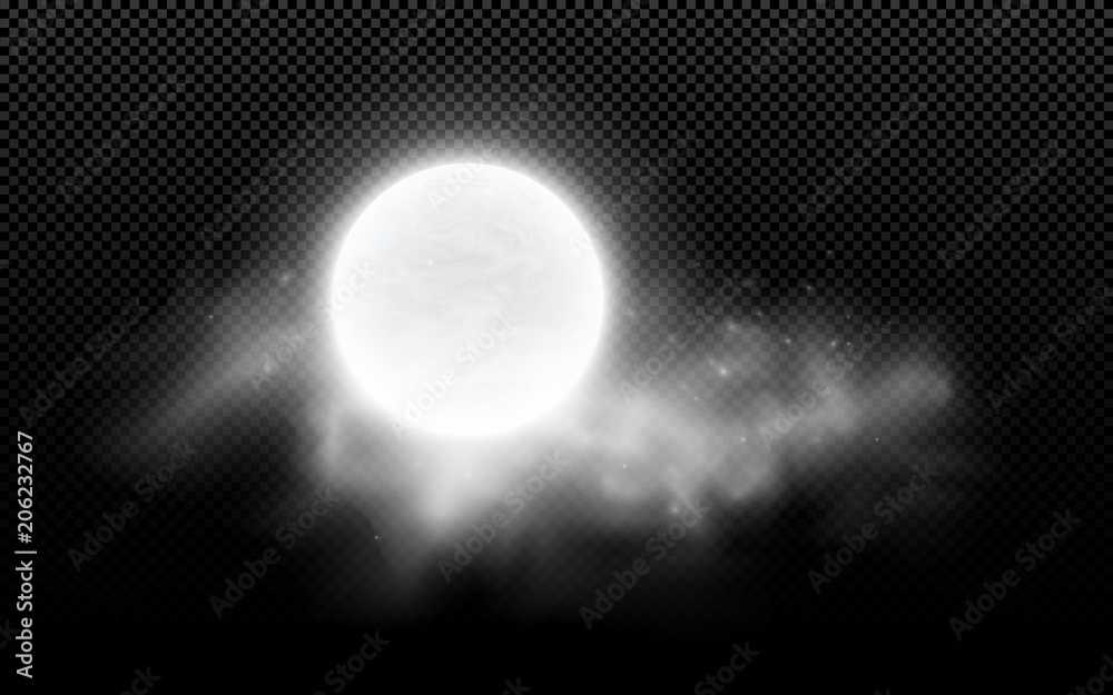 Realistic full moon with clouds isolated on a transparent background.  Starry cloud. Dark night. Glowing milk moon. Vector illustration Stock  Vector