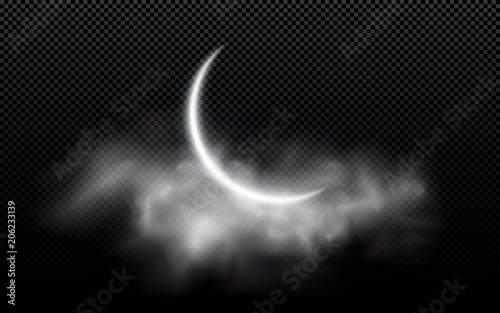 Realistic moon month with clouds isolated on a transparent background. Dark night. Muslim holiday Ramadan Kareem. Glowing milk moon. Vector illustration