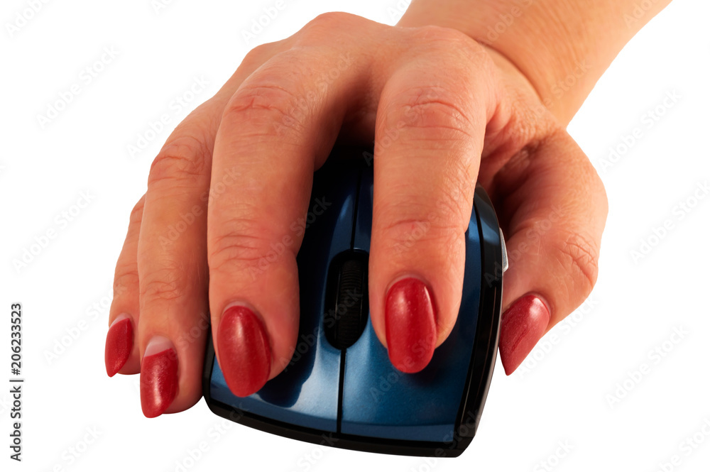 Female hand holding a wireless computer mouse (manipulator), isolated image on a white background. Female hand holding a wireless computer mouse (manipulator), isolated image on a white background.