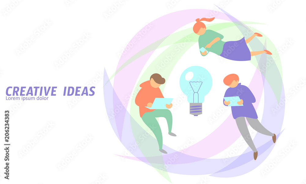 People meeting business concept creative idea. Man flying gadgets tablet light bulb lamp symbol working project growth. Flat color vector illustration People meeting business concept creative idea. Man flying gadgets tablet light bulb lamp symbol working project growth. Flat color vector illustration