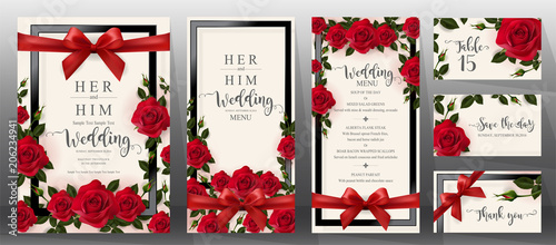  Wedding Invitation card templates with realistic of beautiful flower on background color. 