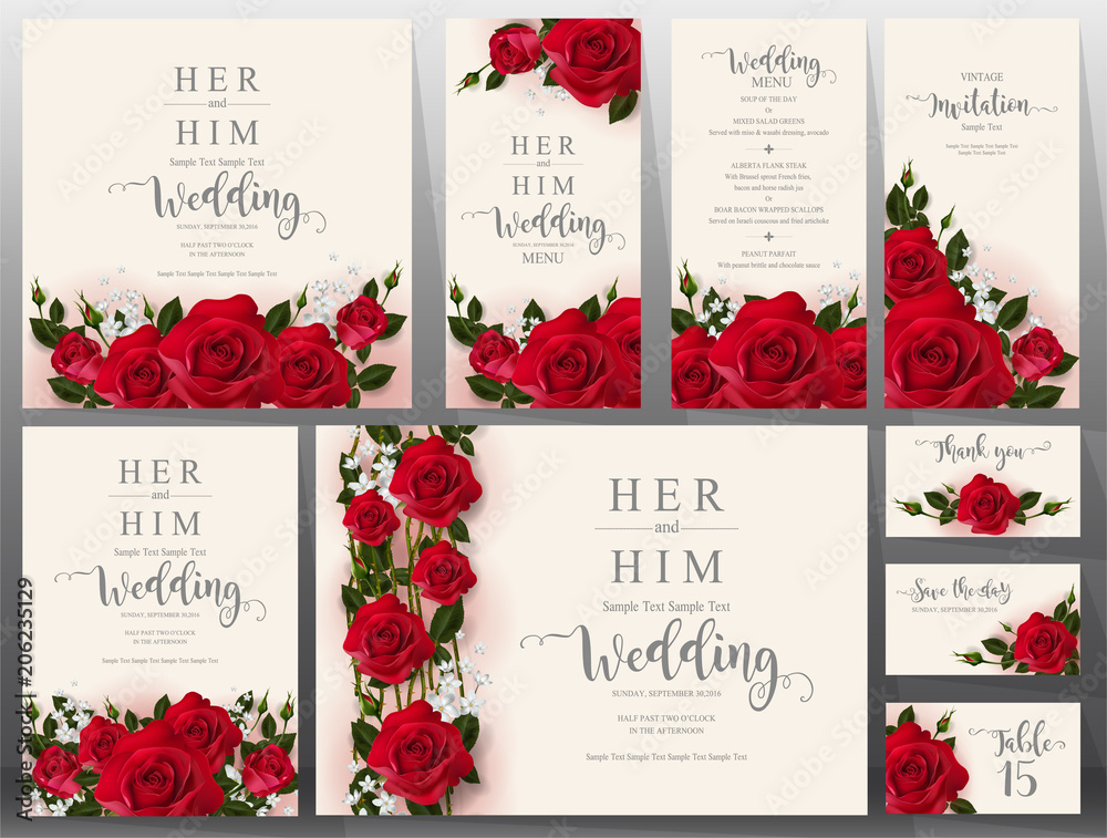 Fototapeta Wedding Invitation card templates with realistic of beautiful flower on background color.