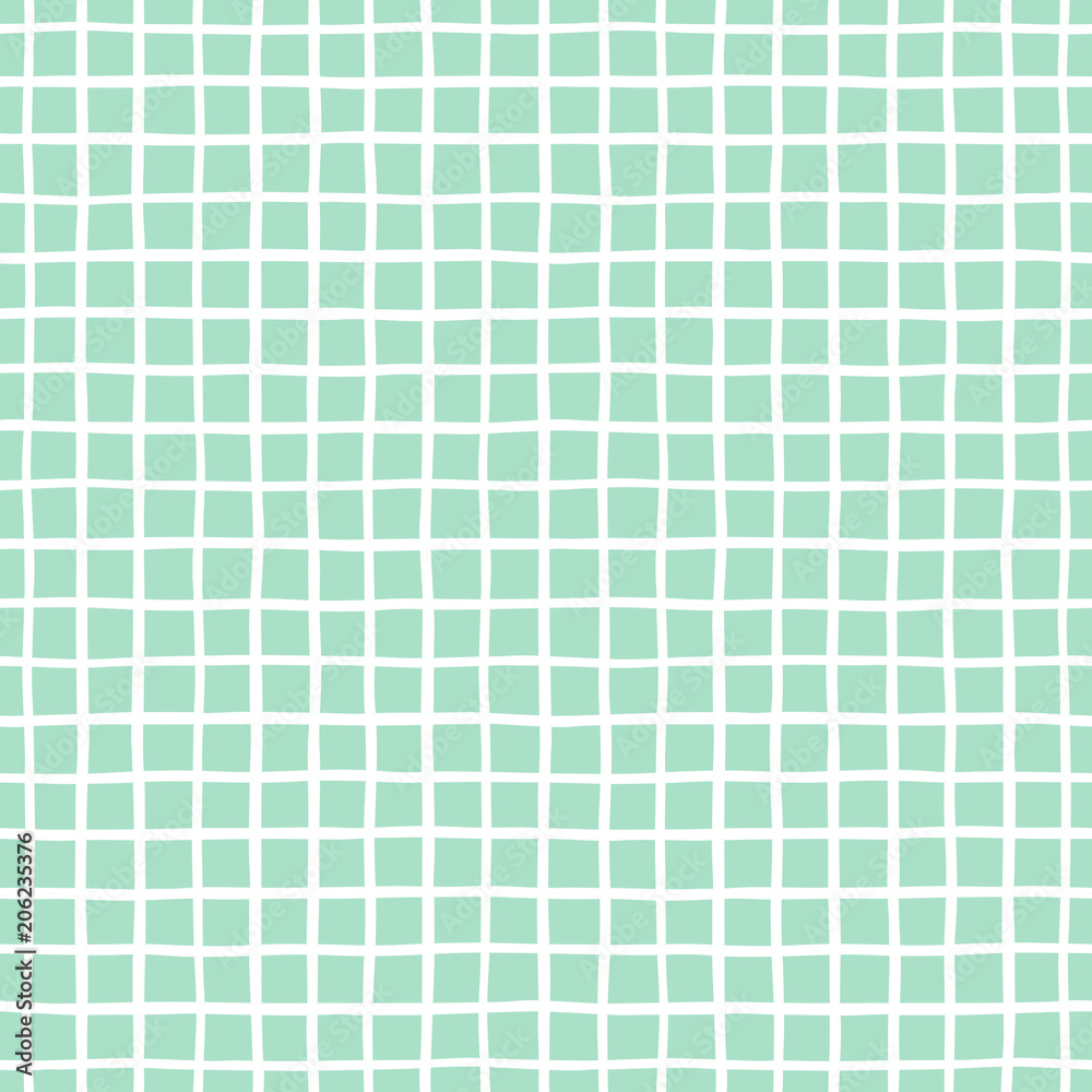 Checked, square, plaid, lattice, granting vector seamless pattern. Vertical and horizontal hand drawn uneven crossing stripes. Chequered geometrical background. White bars on mint green backdrop.