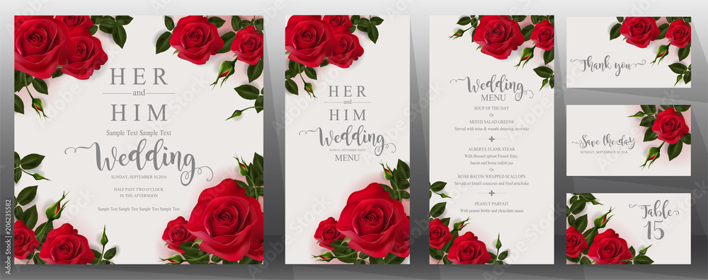 Szablony kart zaproszenie na ślub z realistyczne piękny kwiat na kolor tła. <span>plik: #206235582 | autor: Siam Vector</span>