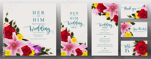  Wedding Invitation card templates with realistic of beautiful  flower on background color. 