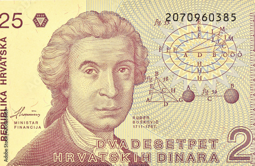 25 DINARA Republic of Croatia, Roger Joseph Boscovich portrait from Croatian money. Boscovich. a prominent Croatian physicist in the 17th century behind the Zagreb Cathedral..