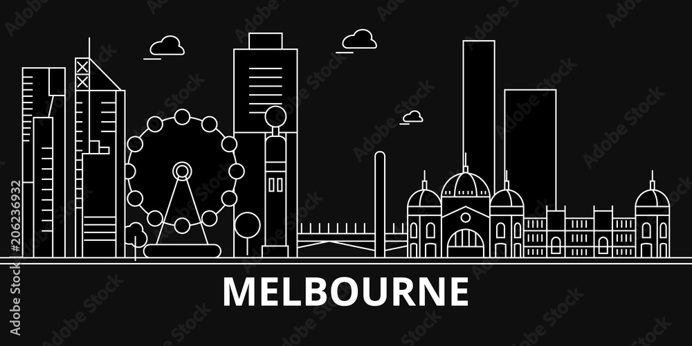Melbourne silhouette skyline. Australia - Melbourne vector city, australian linear architecture, buildings. Melbourne line travel illustration, landmarks. Australia flat icon, australian outline