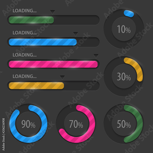 Set of pie charts for business infographics.Progress bar for web design.3d infographic elements.Dark style