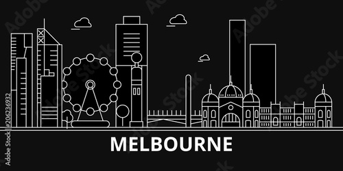 Obraz na płótnie Melbourne silhouette skyline. Australia - Melbourne vector city, australian linear architecture, buildings. Melbourne line travel illustration, landmarks. Australia flat icon, australian outline w salonie