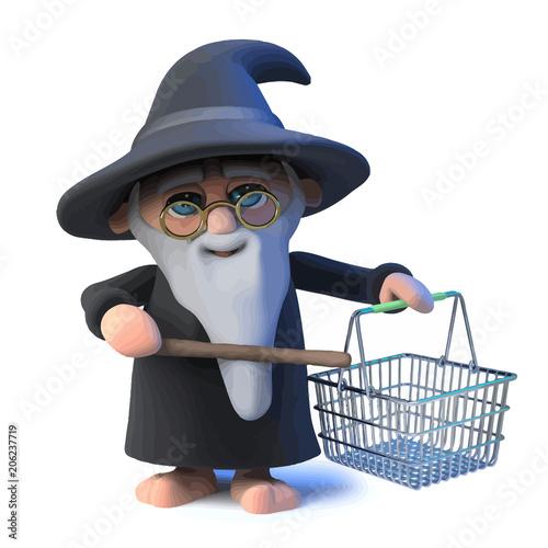Vector 3d Funny cartoon wizard magician has been shopping for magic