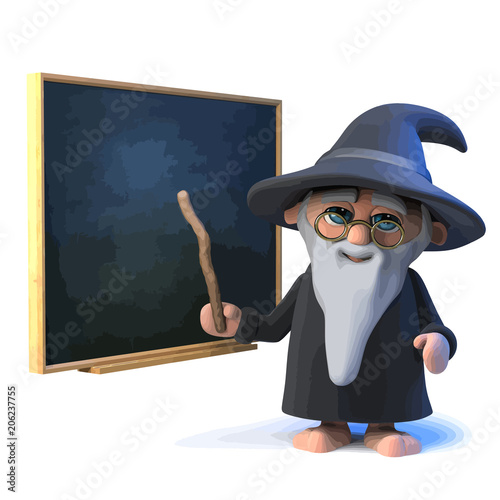 Vector 3d Funny cartoon wizard magician teaches magic at the blackboard