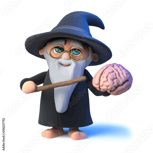 Vector 3d Funny cartoon wizard magician points his magic wand at a human brain