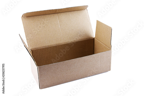 Opened cardboard box isolated on white background