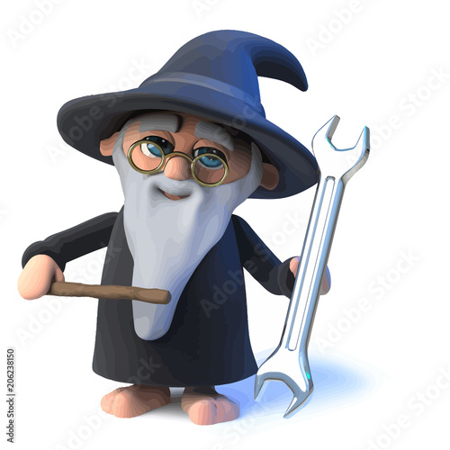 Vector 3d Funny cartoon wizard magician points his wand at a spanner