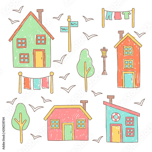 Simple village houses marker colored style vector illustration