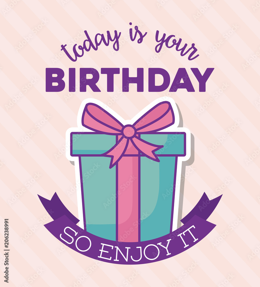 Fototapeta premium Happy birthday card with gift box and decorative ribbon over orange background, colorful design. vector illustration
