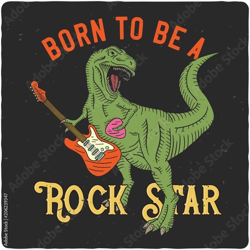 Surfing theme t-shirt or poster design with tyrannosaurus playing on electric guitar