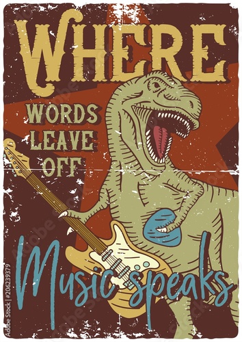 Surfing theme t-shirt or poster design with tyrannosaurus playing on electric guitar