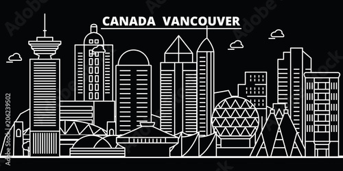 Vancouver city silhouette skyline. Canada - Vancouver city vector city, canadian linear architecture, buildings. Vancouver city line travel illustration, landmarks. Canada flat icon, canadian outline