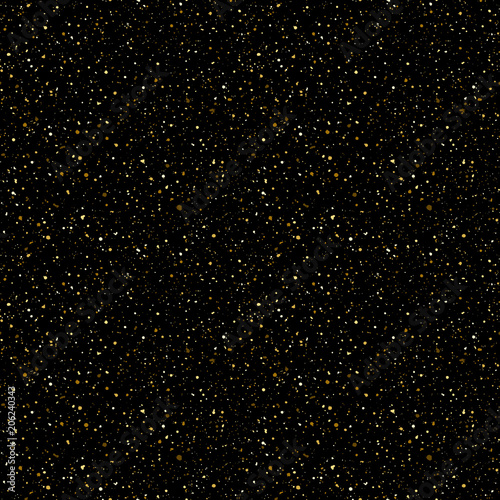 Tiny gold glittering spangles, sparks, splatter or night sky with golden stars vector seamless pattern. Hand drawn spray, splash, specks texture. Uneven dots on black background endless template.