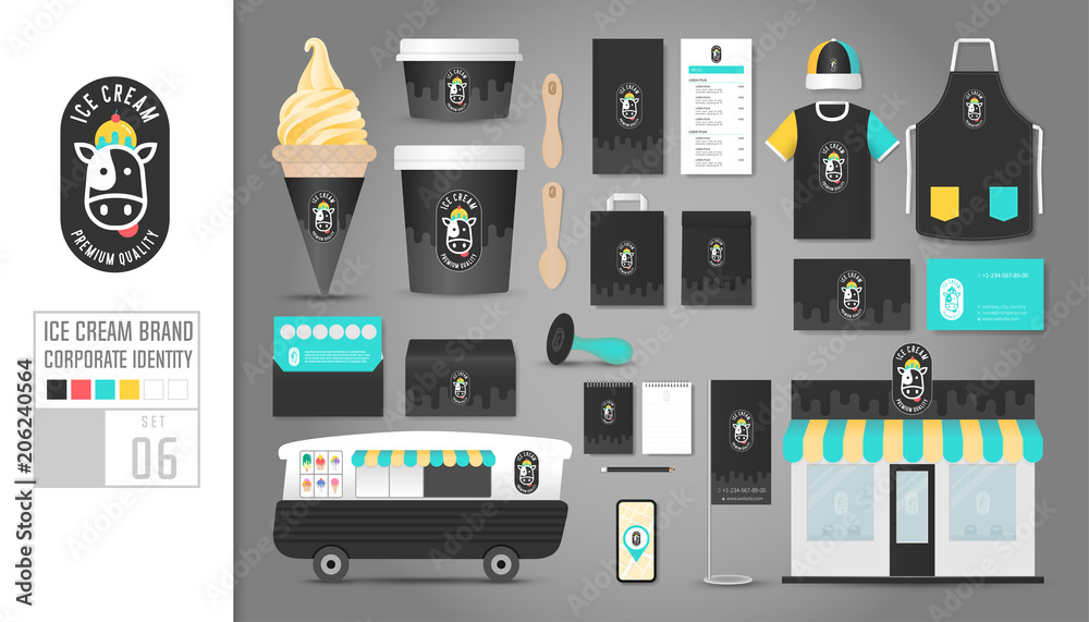 Corporate identity template Set 6. Logo concept for ice cream shop, cafe, restaurant. Realistic mock up template set of shop, car, polo shirt, cap, cup, menu, rubber stamp, coupon, package. Corporate identity template Set 6. Logo concept for ice cream shop, cafe, restaurant. Realistic mock up template set of shop, car, polo shirt, cap, cup, menu, rubber stamp, coupon, package.