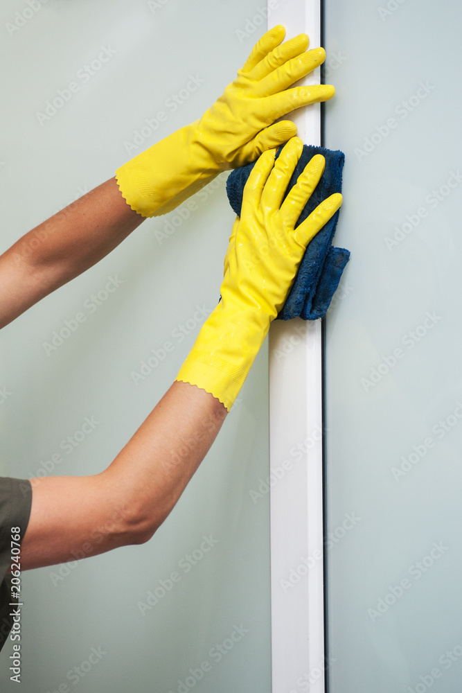 Cleaning concept. Closeup photo of woman cleaning office