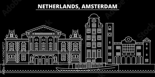 Amsterdam silhouette skyline. Netherlands - Amsterdam vector city, dutch linear architecture, buildings. Amsterdam travel illustration, outline landmarks. Netherlands flat icons, dutch line design