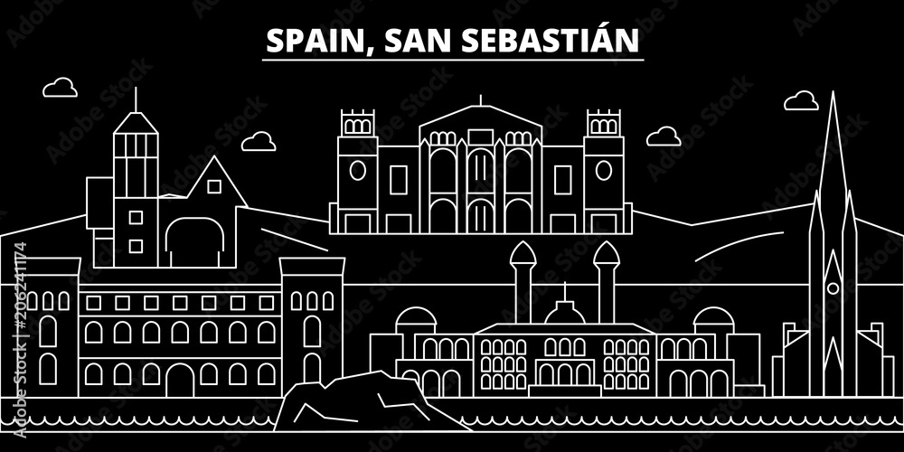 Obraz premium San Sebastian silhouette, skyline. Spain - San Sebastian vector city, spanish linear architecture, buildings. San Sebastian line travel illustration, landmarks. Spain flat icons, spanish outline
