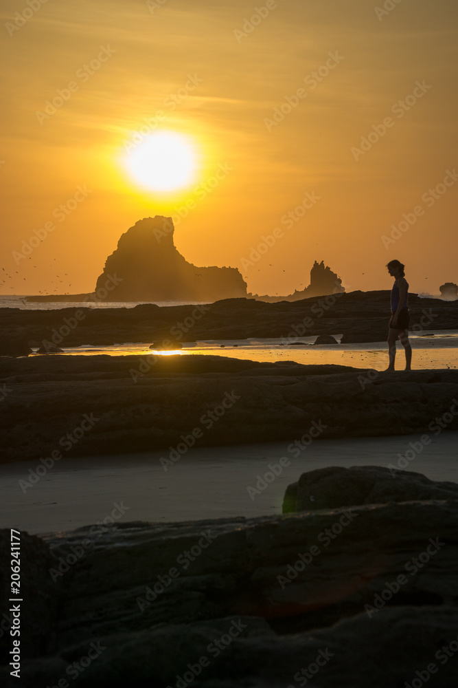 silhouette of a woman is looking into the sunset at the beach. With reflections and birds in the sky. silhouette of a woman is looking into the sunset at the beach. With reflections and birds in the sky.