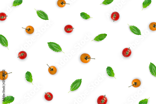 Raw material with basil leaves, tomato on white background.