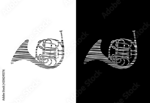 French Horn Music Instrument Black and White  Background Illustration