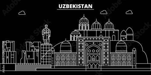 Uzbekistan silhouette skyline, Uzbekistan vector city, uzbek linear architecture, buildings, line travel illustration, landmarks, flat icons, uzbek outline design, banner