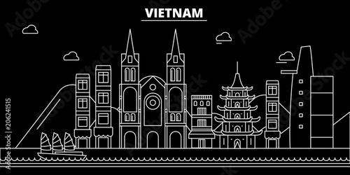 Vietnam silhouette skyline. Vietnam vector city, vietnamese linear architecture, buildings, line travel illustration, landmarks, flat icons, vietnamese outline design, banner