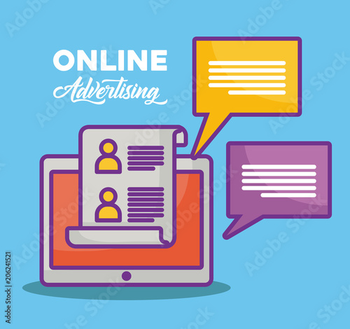 Online marketing design with tablet icon over blue background, colorful design. vector illustration