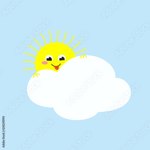 Cute sun looking out from behind a cloud and showing its tongue