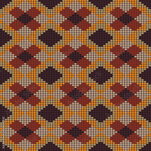 Simple bead motif. Mexican ornament. Abstract seamless pattern. Contrast colors. Beadwork. Mosaic texture for handiwork, backdrop or pattern fills.