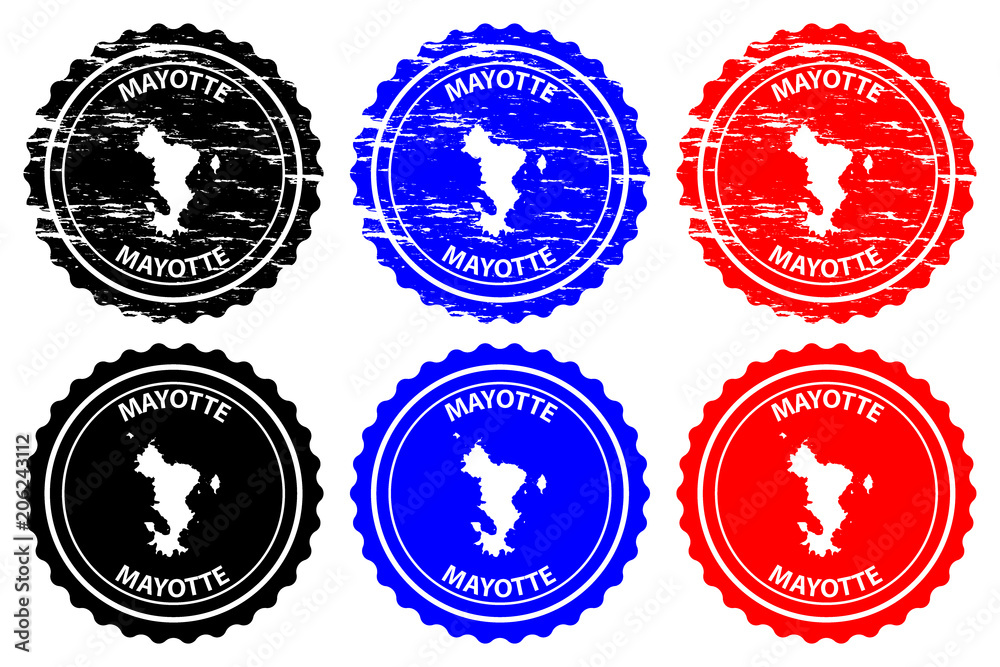 Mayotte - rubber stamp - vector, Department of Mayotte map pattern - sticker - black, blue and red