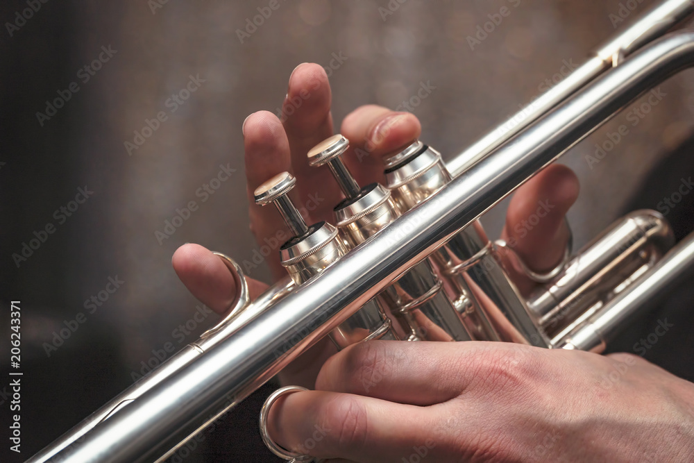 Obraz premium Hand of the Trumpeter on the buttons of trumpet