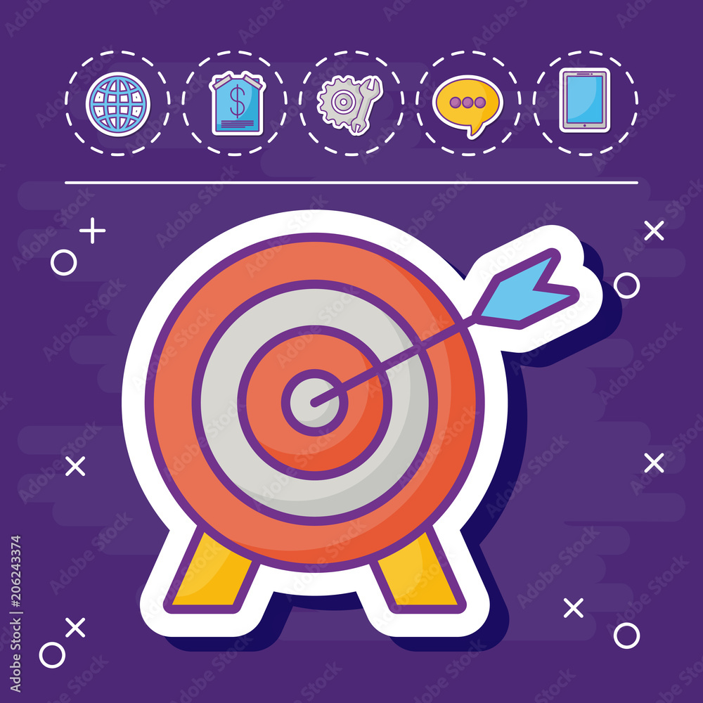 bow target and online marketing related icons over purple background, colorful design. vector illustration